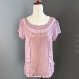Tulle by Anthropology Sheer and Lace Blouse Size L Lilac Purple Short Sleeve